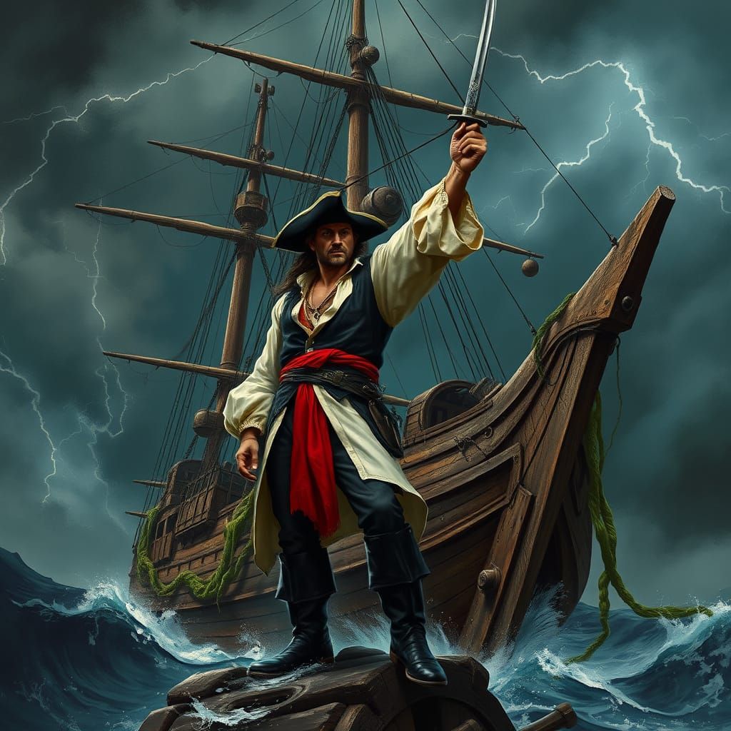 Majestic Sailing Ship Emerging from Mist