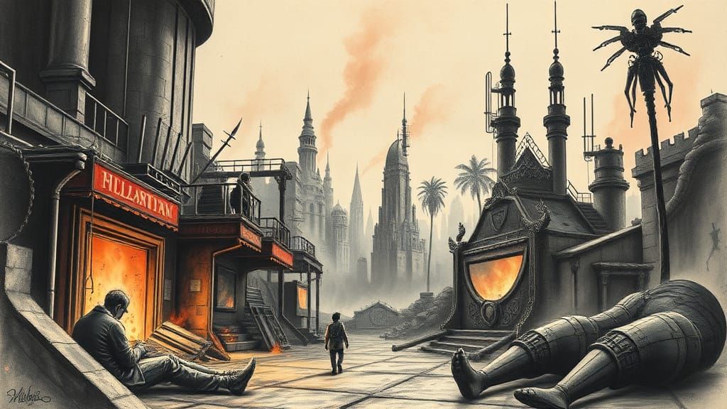 Detailed Charcoal Drawing: Sci-Fi Horror Landscape