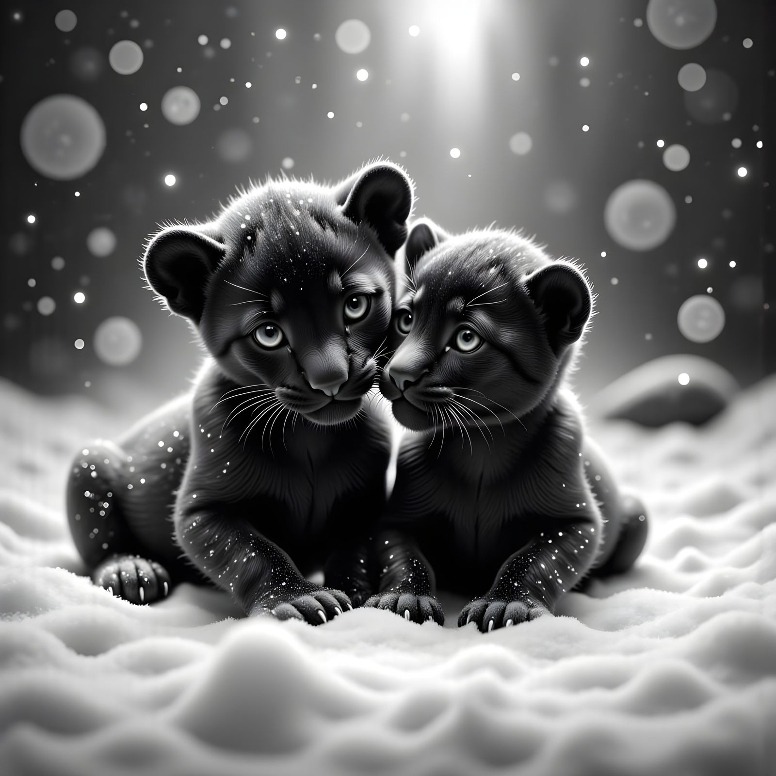 Cute Black Panther Cubs in Snowy Photorealistic Portrait