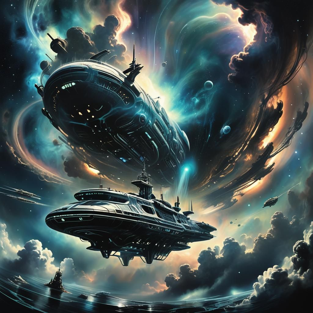 Cosmic Landscape: Spaceship Drifting Through Nebula