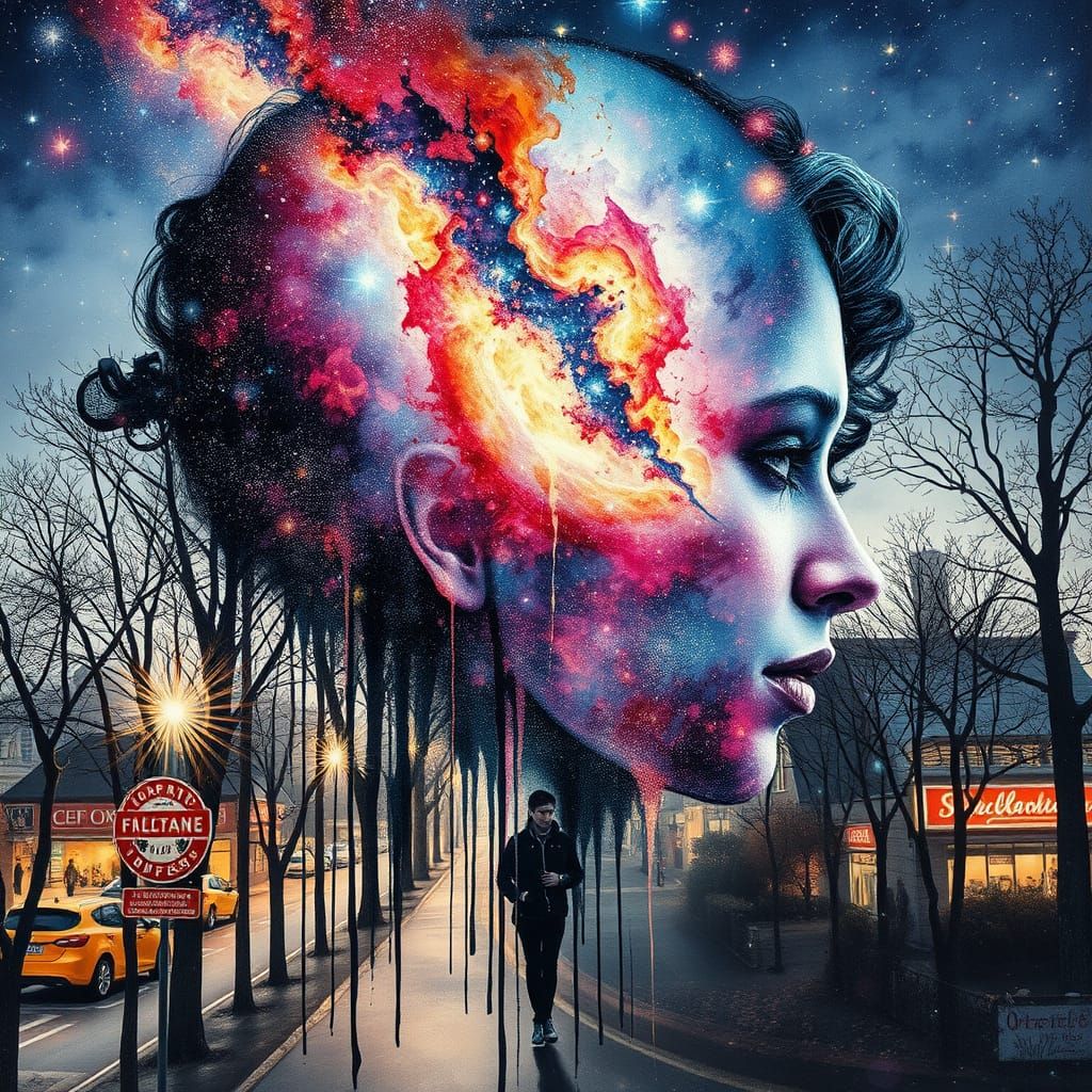 Double Exposure Galaxy Scene with Princess Silhouette in Vib...