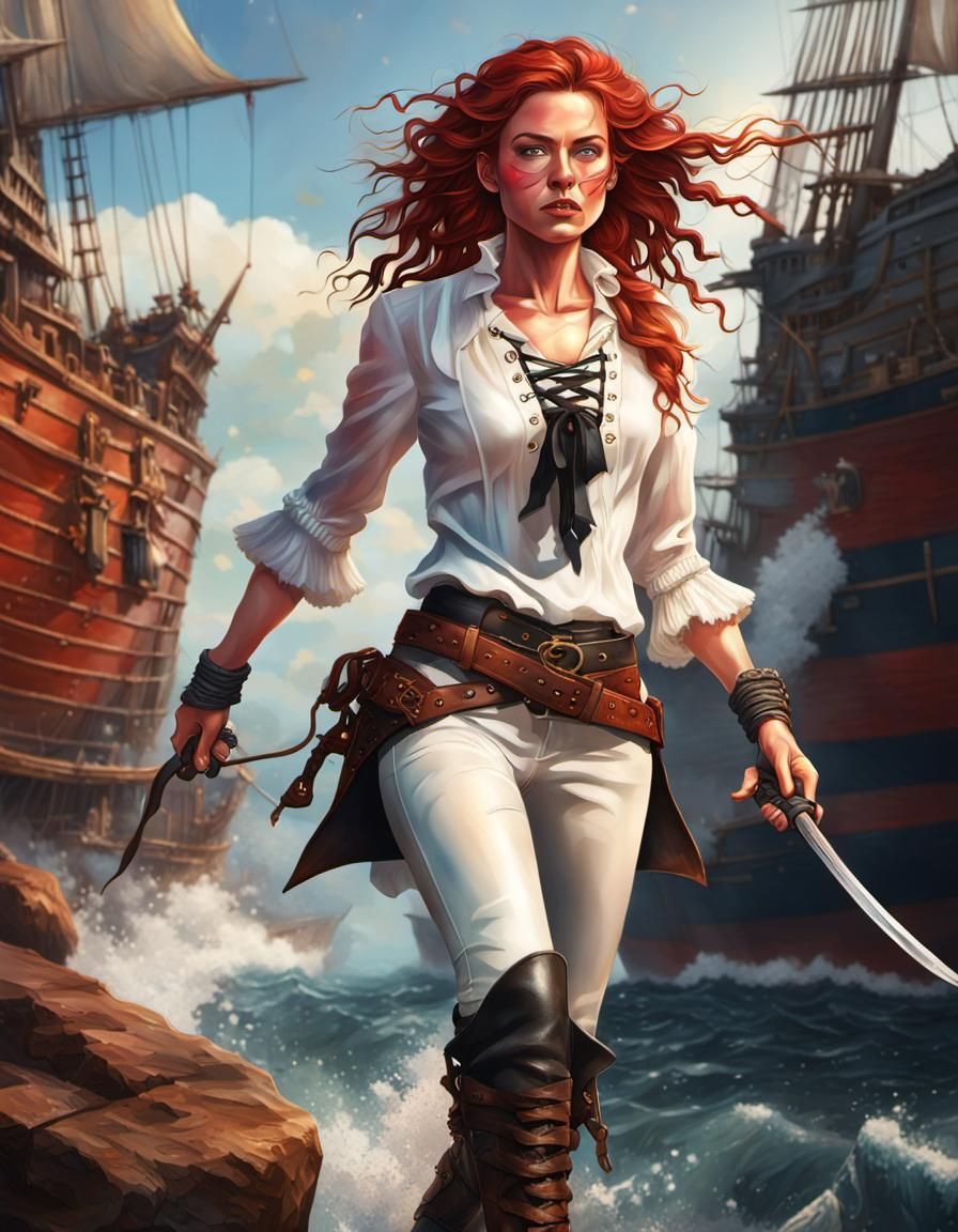Beautiful Female Pirate with Red Hair in Splash Art