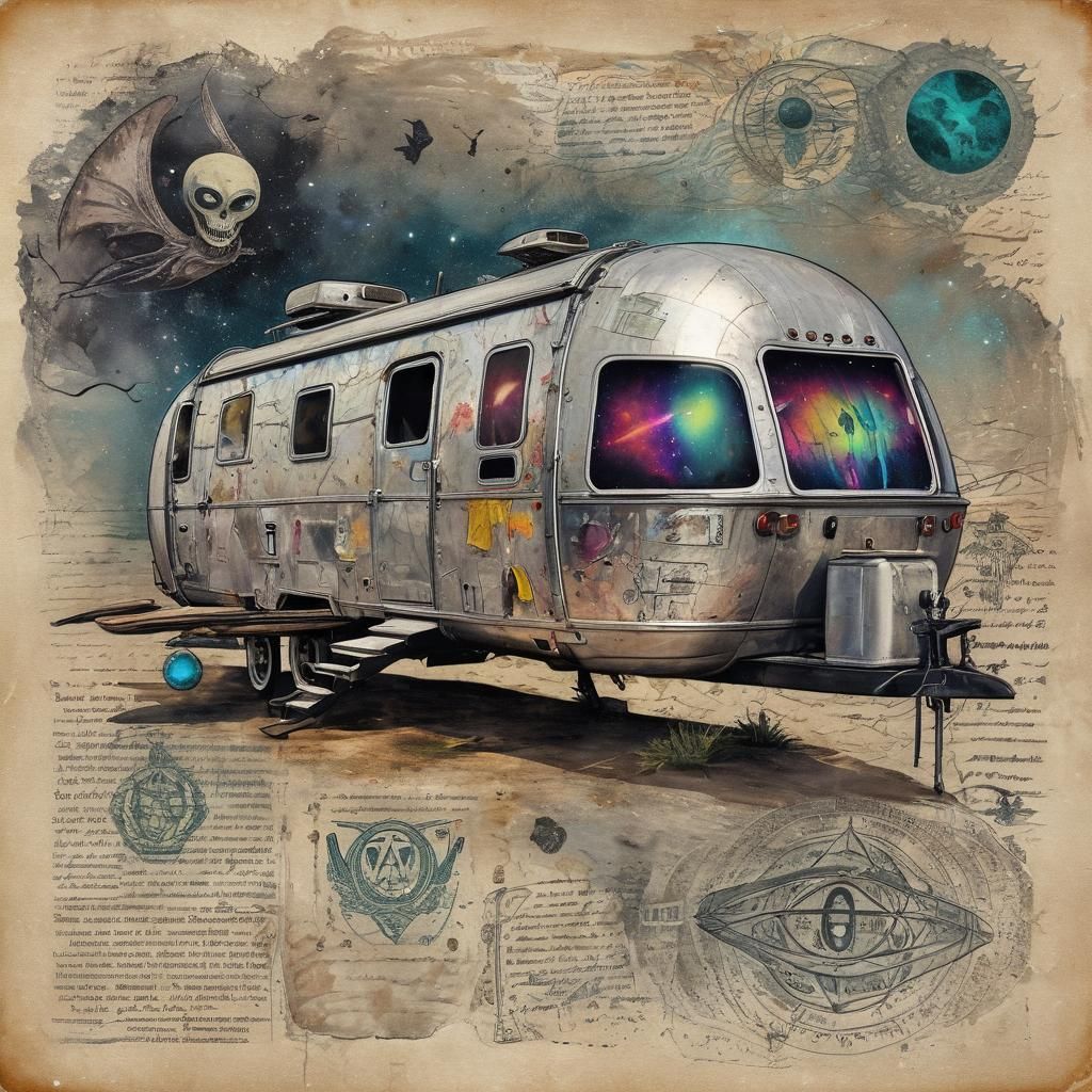 Alien in Spaceship by Airstream Trailer, Watercolor Style