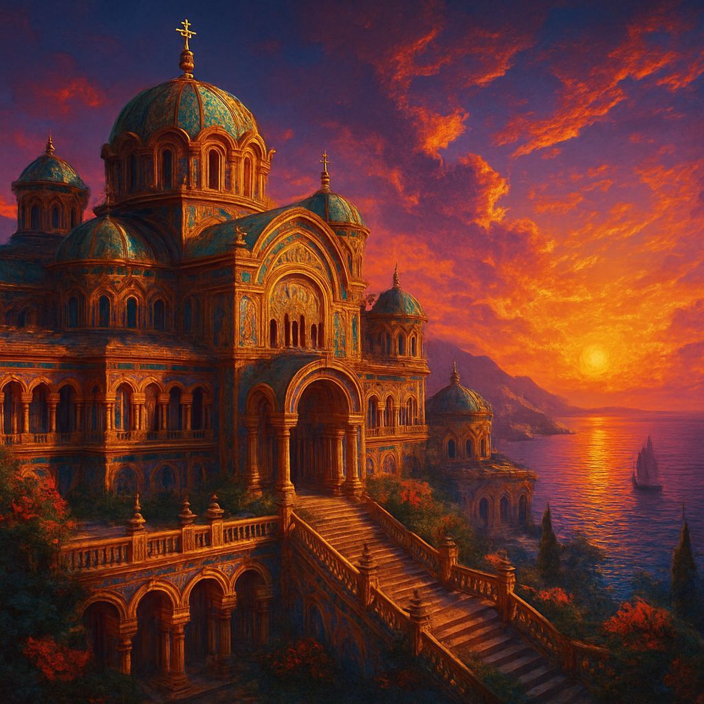 Surreal Byzantine Palace Radiates Elegance at Sunset