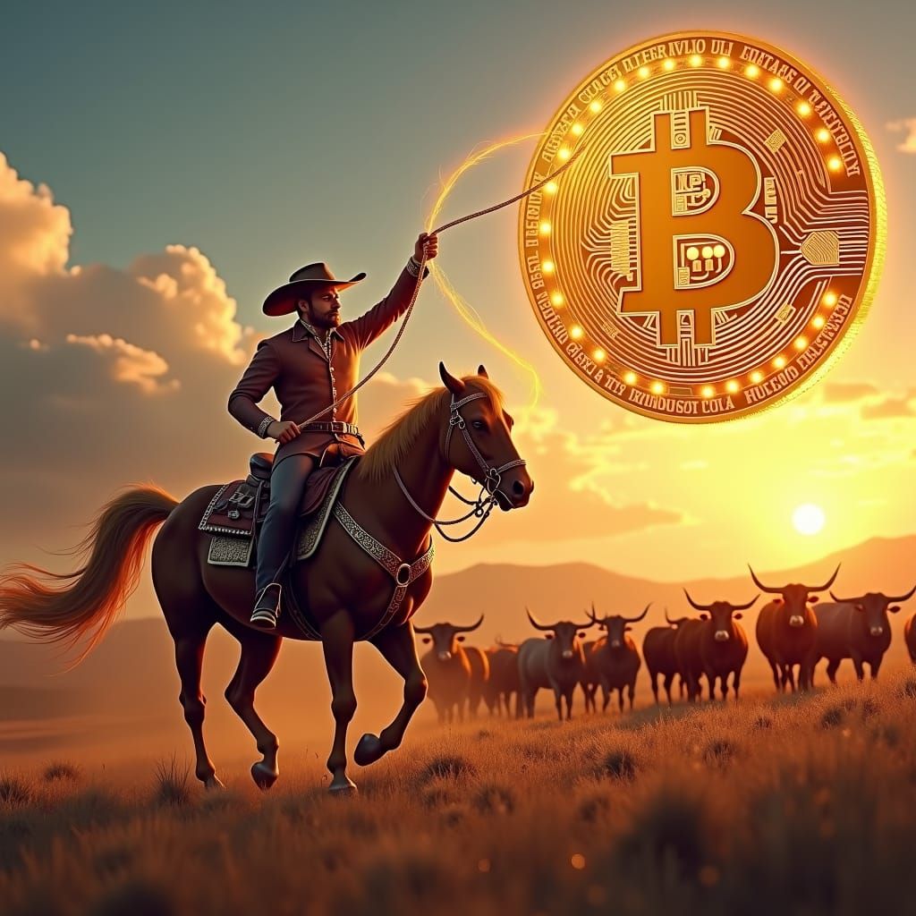 Crypto Cowboy Lassoing Bitcoin at Sunset