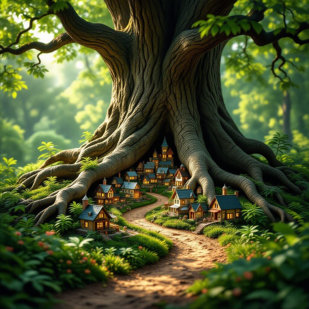 Hidden Miniature Village Among Forest Roots