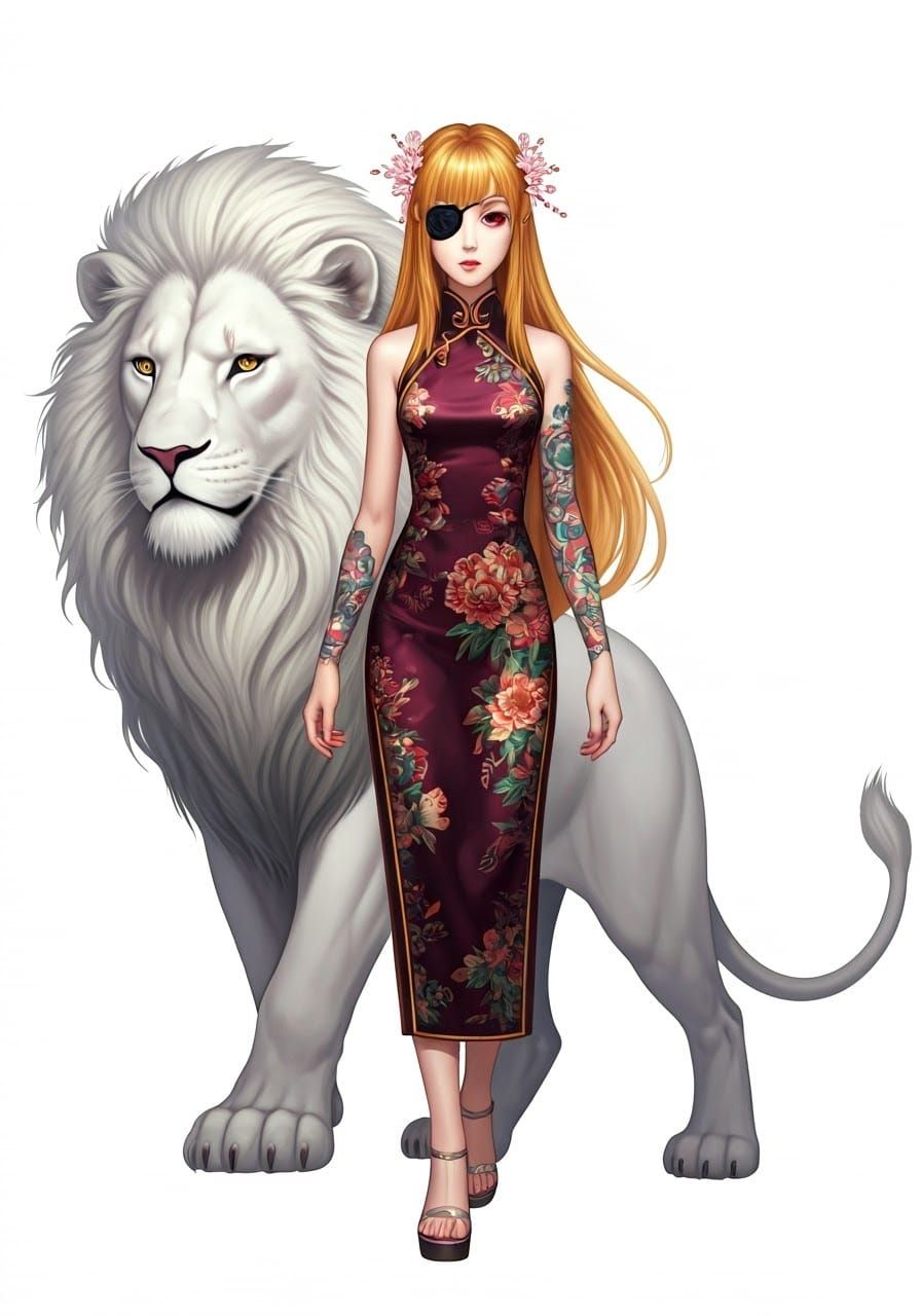 Majestic Lady with Lion in Traditional Oriental Style