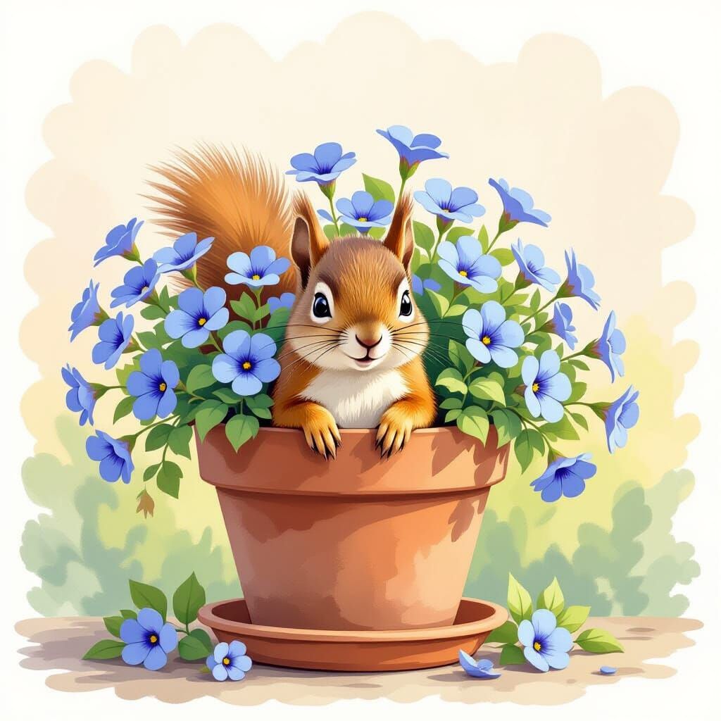 Curious Squirrel in Blue Flower Pot Illustration