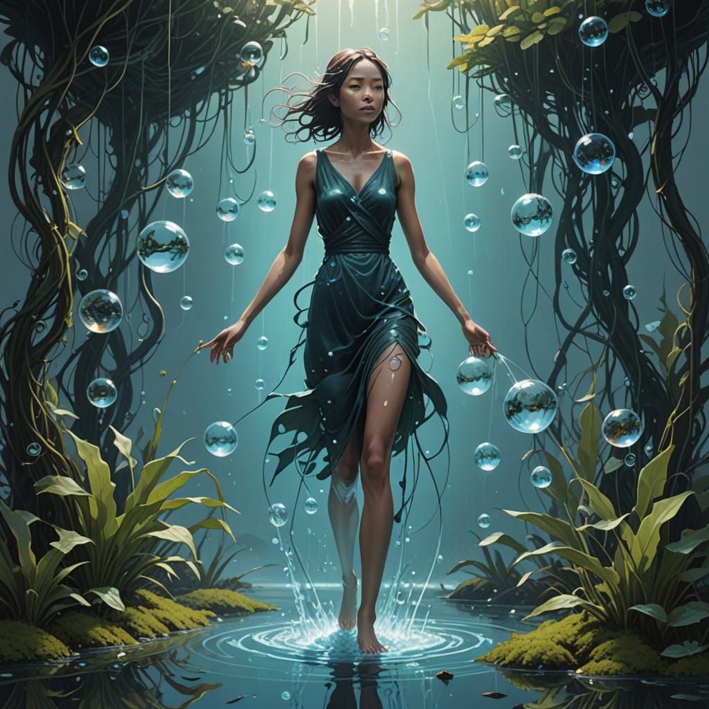 Surreal Aquatic Scene in Luminous Water Droplet