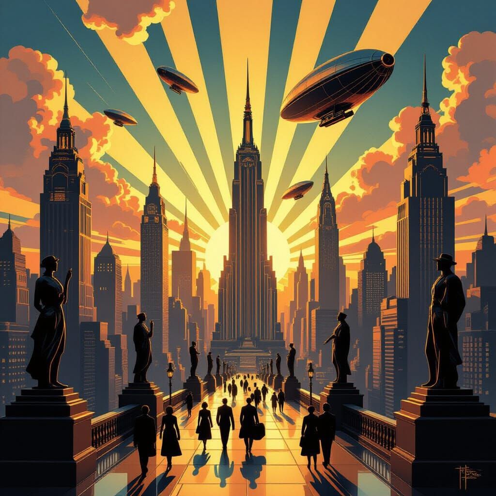 Art Deco Metropolis Sunrise with Gleaming Towers and Airship...