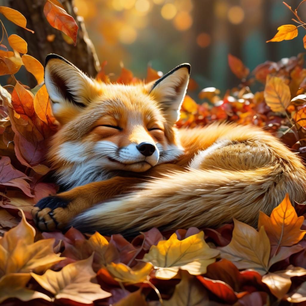 Baby Fox Asleep on Autumn Leaves, Mixed Media Illustration