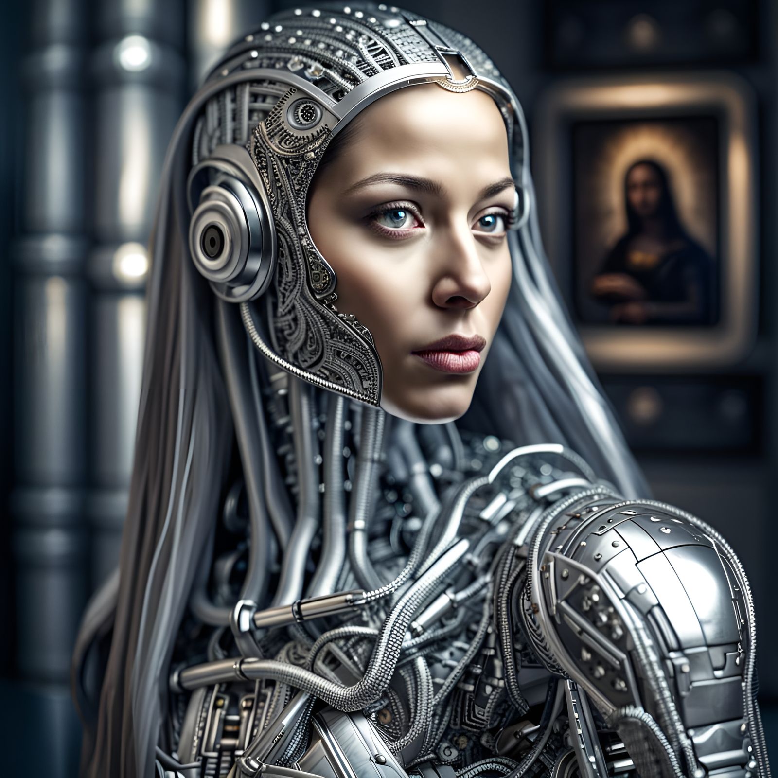 Hyperrealistic Silver Cyborg Portrait in Mona Lisa Style