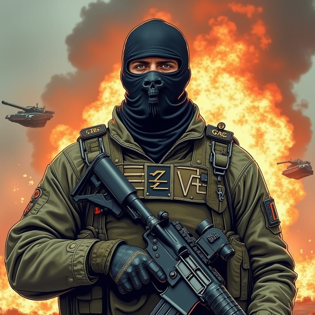 Gritty Soldier in Tactical Gear with Skull Balaclava and M16...