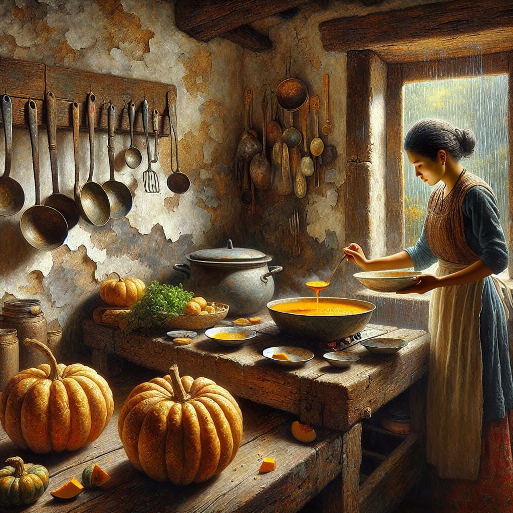 Mexican Kitchen Scene: Pumpkin Soup, Oil Painting
