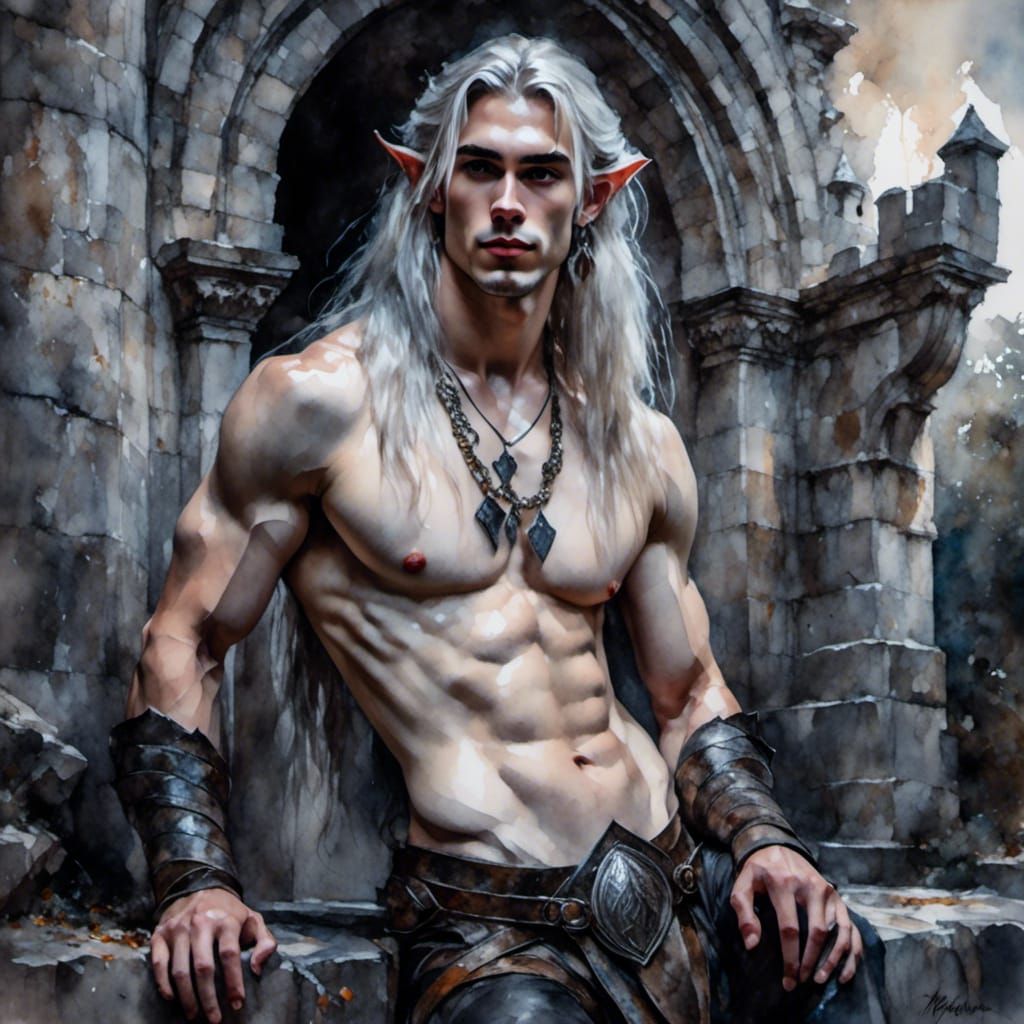 Pale Elf Leaning on Ancient Castle, Gouache and Watercolor