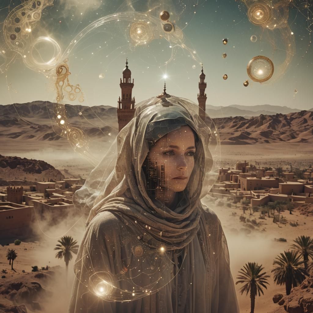 Otherworldly Being in Arid Landscape with Circuitry