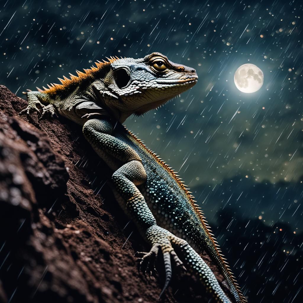 Lizard Contemplates Moon on Rainy Mountain