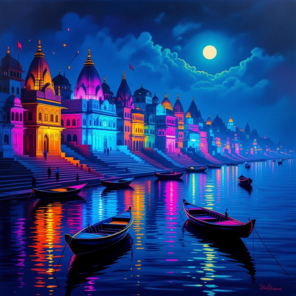Psychedelic Varanasi at Night in Surreal Synthwave Style