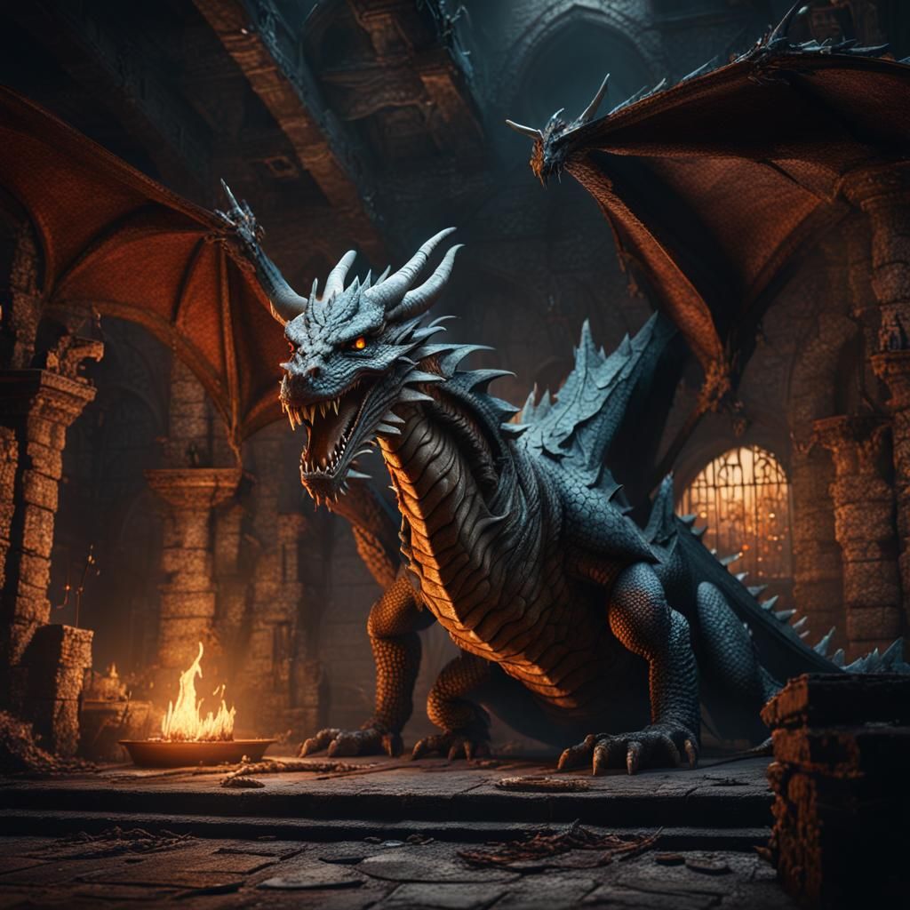 Realistic Dragon in Medieval Lair: Detailed Matte Painting