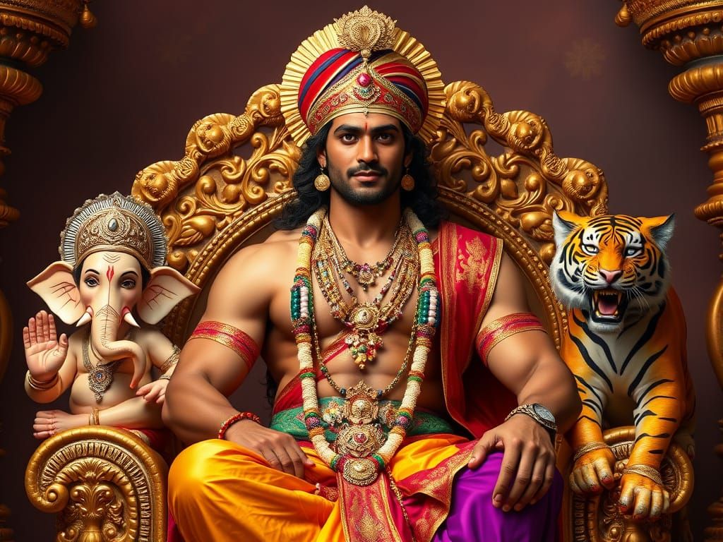 Indian Prince on Golden Throne with Ganesha Sculptures