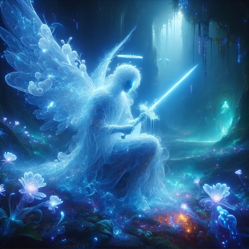 Ethereal Angel Kneeling in Luminous Dungeon