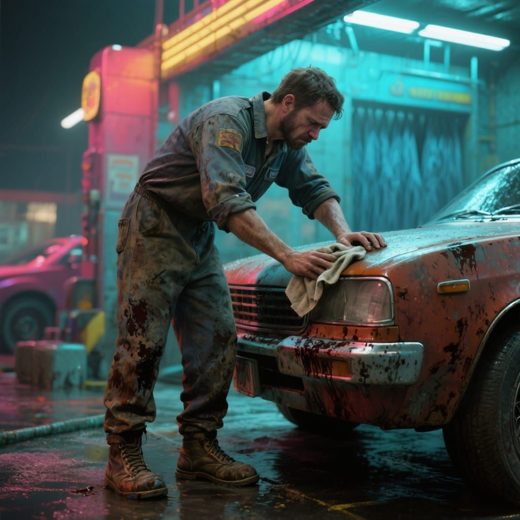Dejected Car Wash Worker in Hyperrealistic Photorealism