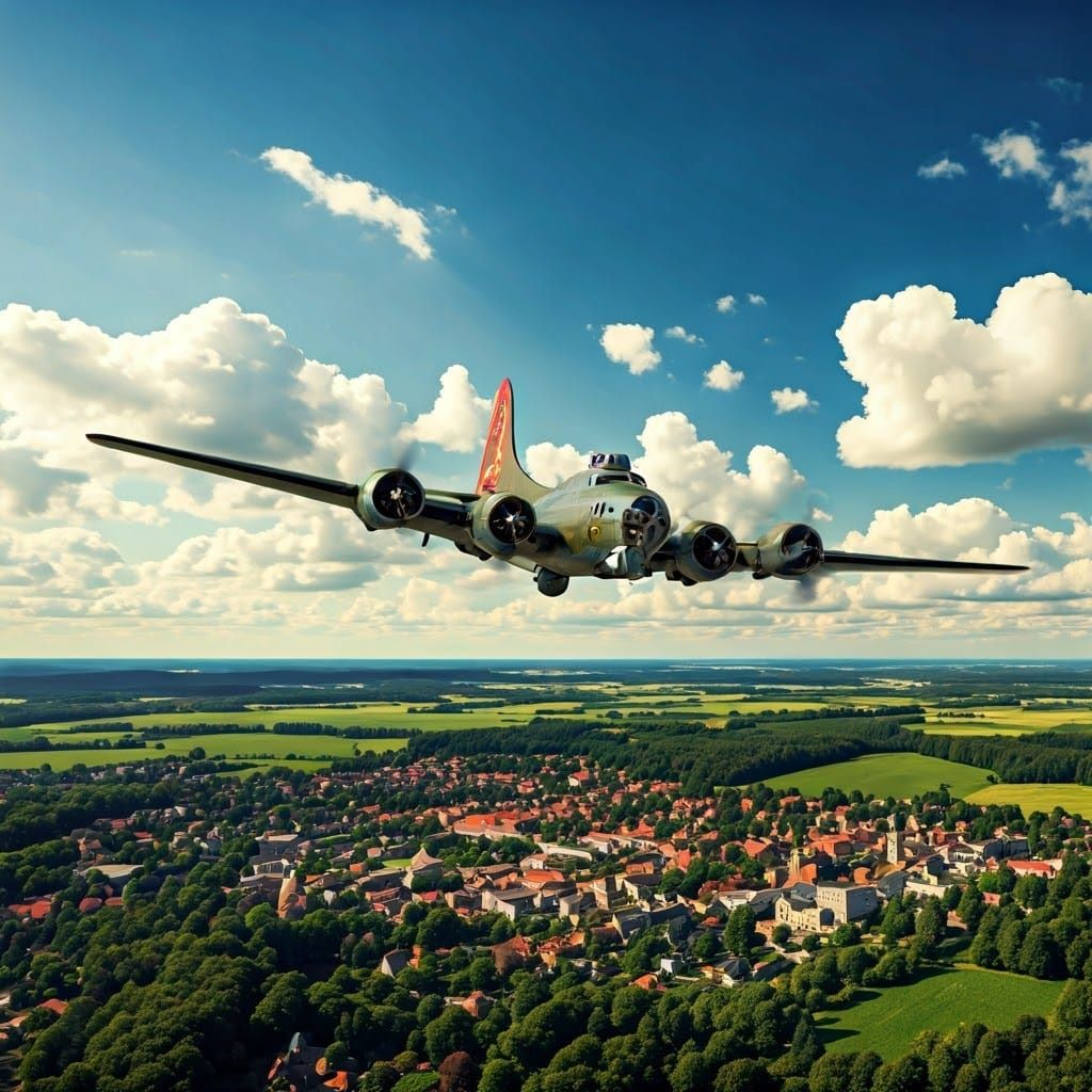 Boeing B-17 Flying Fortress Over German Town