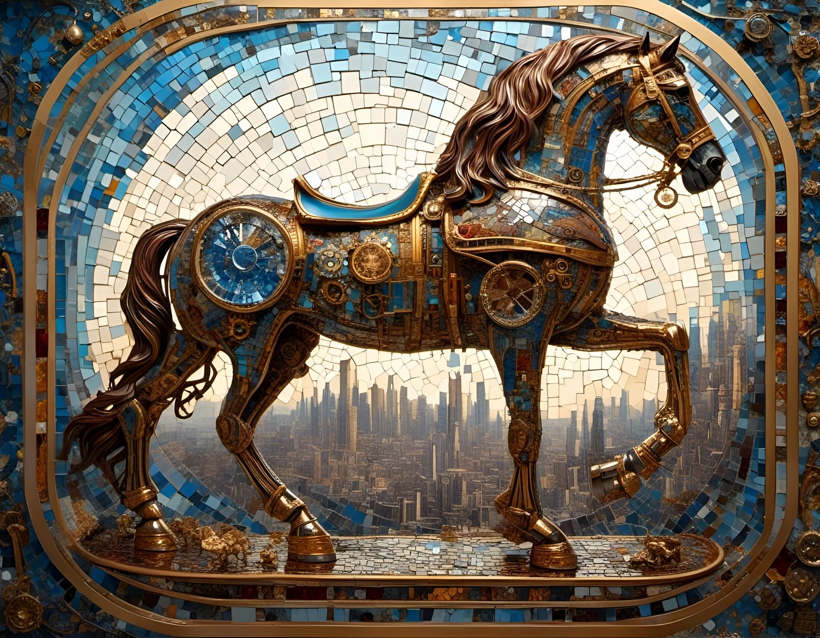 Hyperrealistic Steampunk Mosaic Trojan Horse City