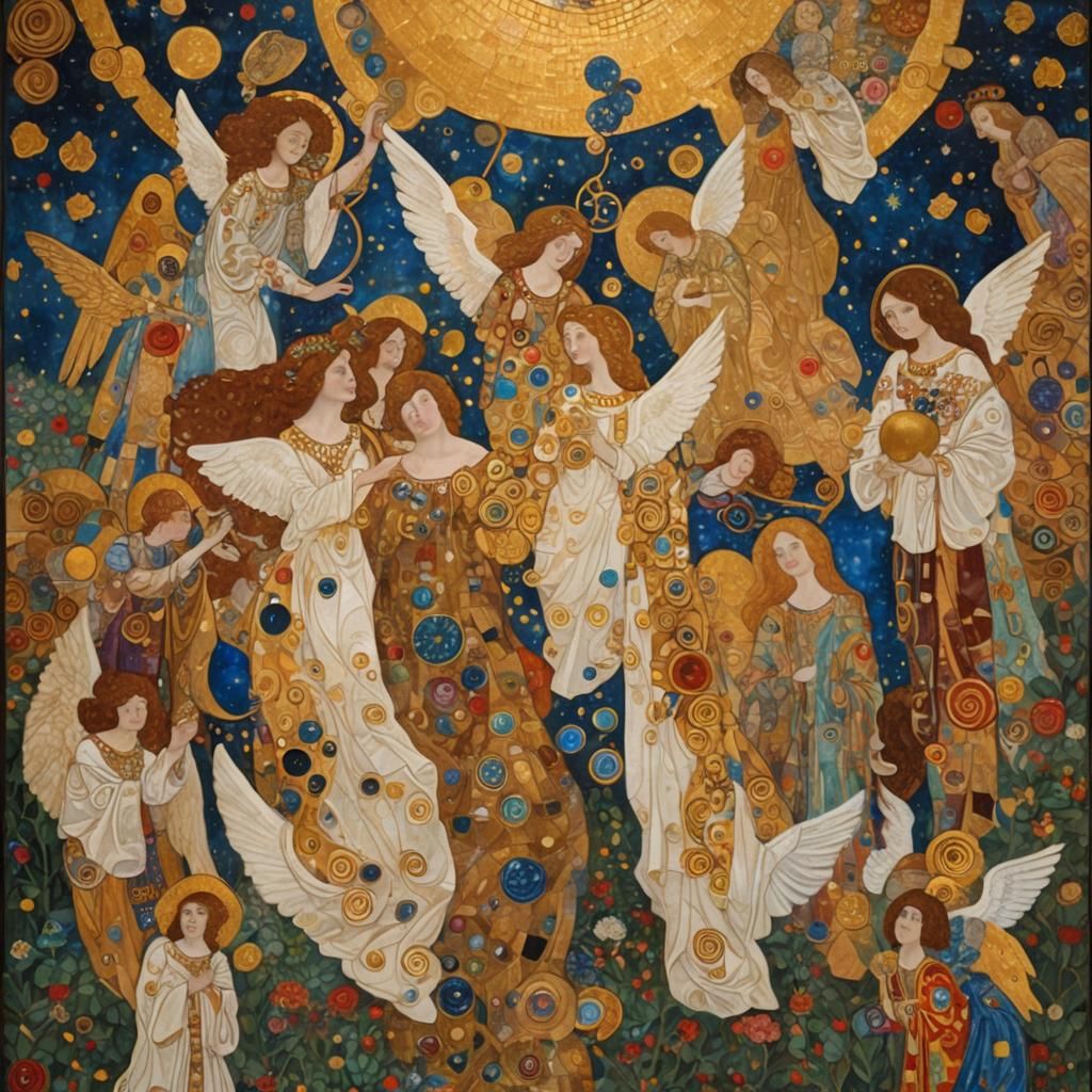 Heavenly Scene in Klimt Mosaic Style with Gold