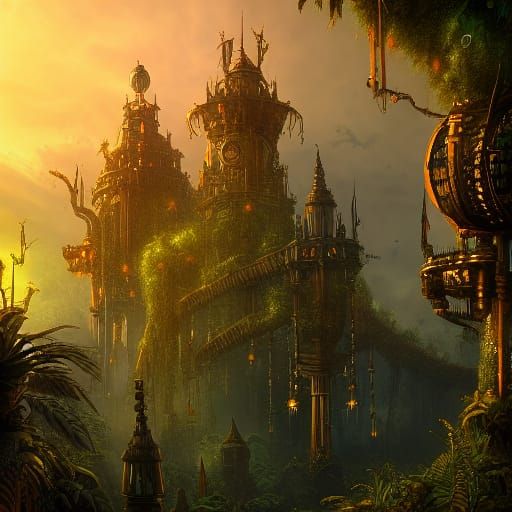 Steampunk Jungle Kingdom at Night, Detailed Matte Painting