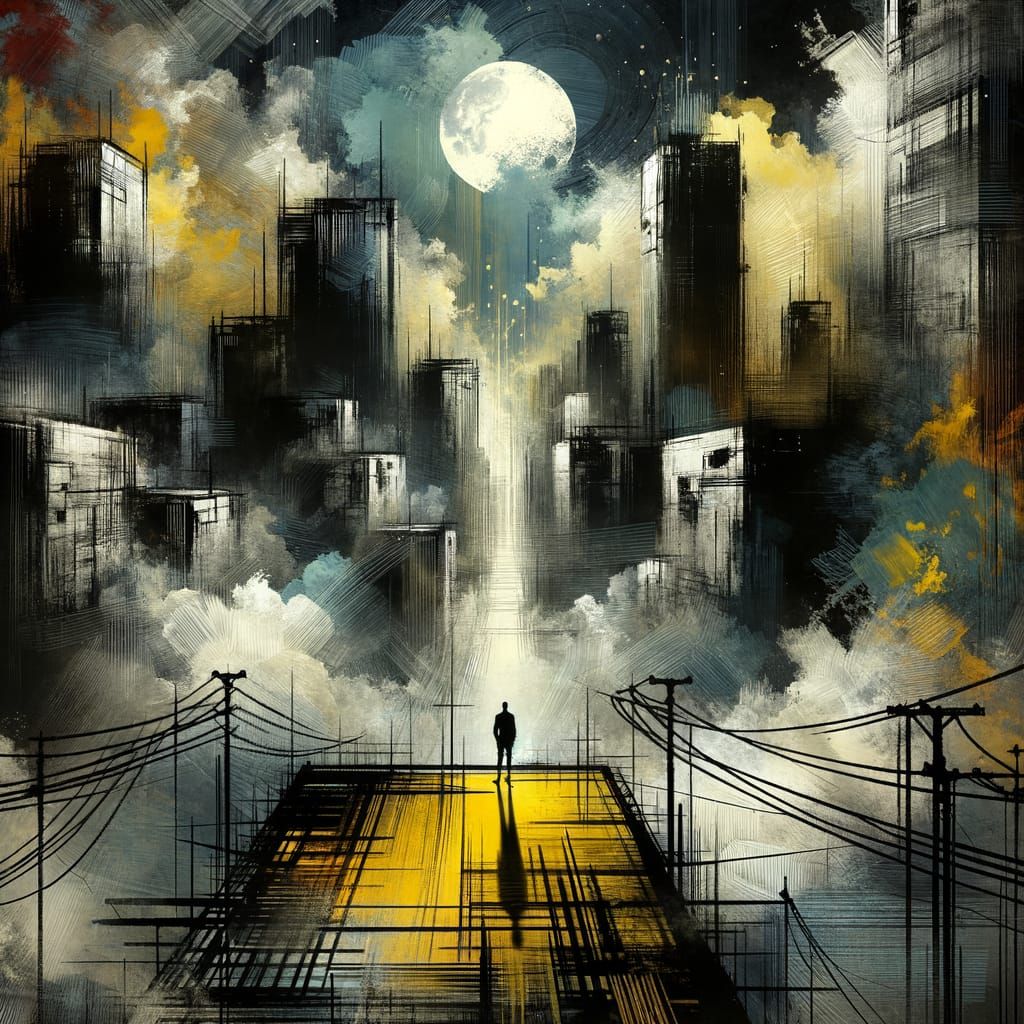 Abstract Cityscape at Night Under a Foggy Moon
