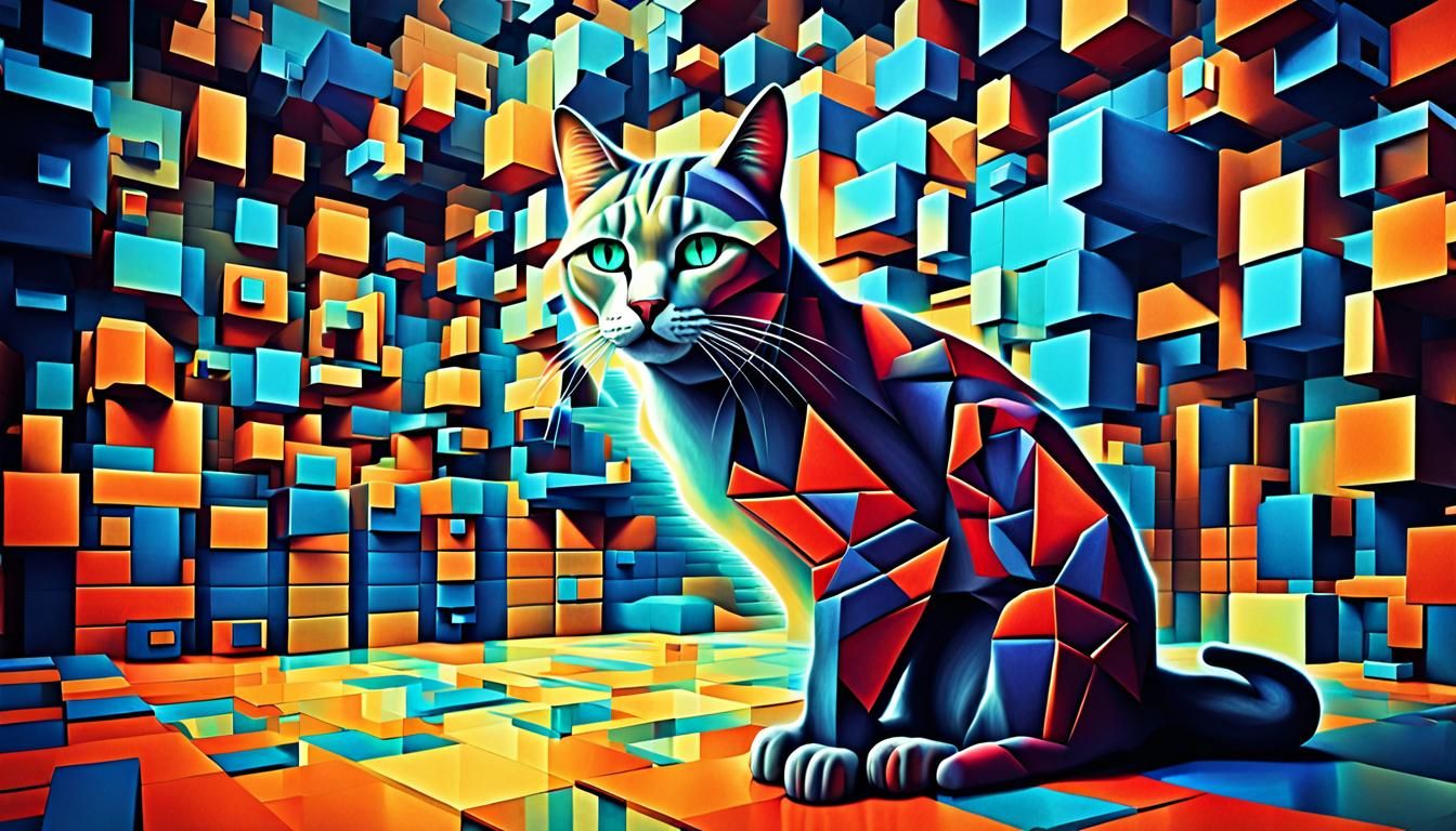 Cybernetic Cat in Surreal Cubist Dreamscape