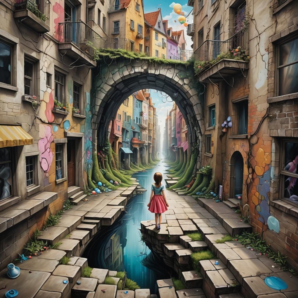 Distorted unbalanced reality, surreal street art, illusion, juxtaposition, Enchanted, Fairytopia, Fantasy art 3D, Optic...