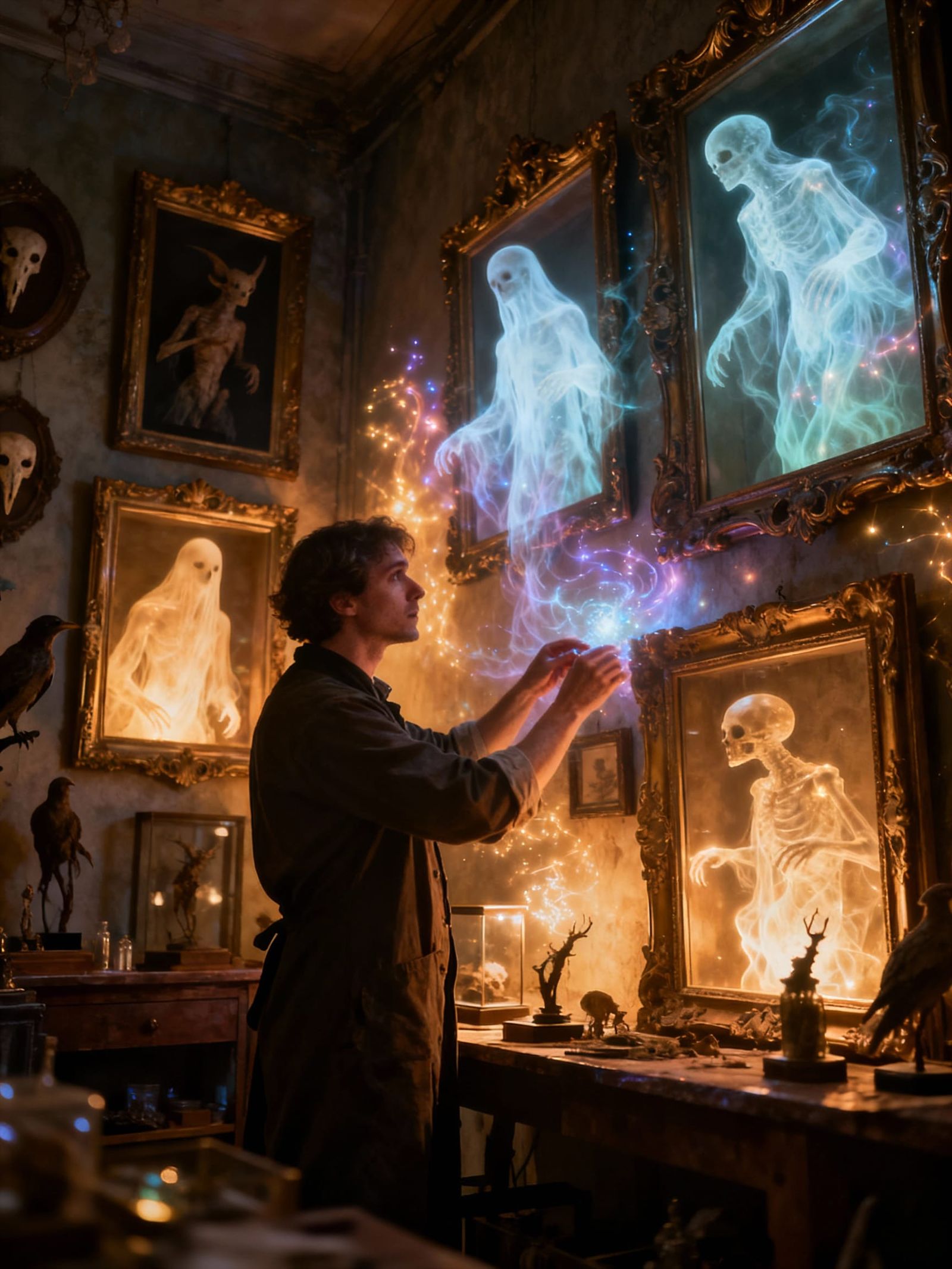 Ethereal Taxidermist Preserving Ghostly Beings in Ornate Fra...
