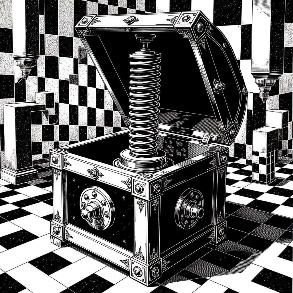 Toy Jack in the Box with Long Spring in High Contrast B&W