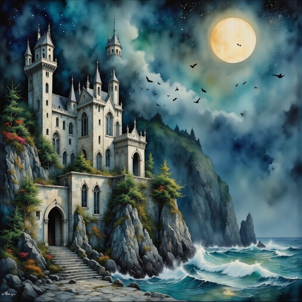 Tim Burton Baroque Castle with Bats in Dark Oil Paint