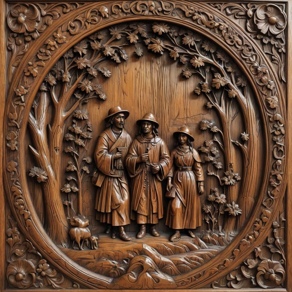Oak Carving Depicting Early California History