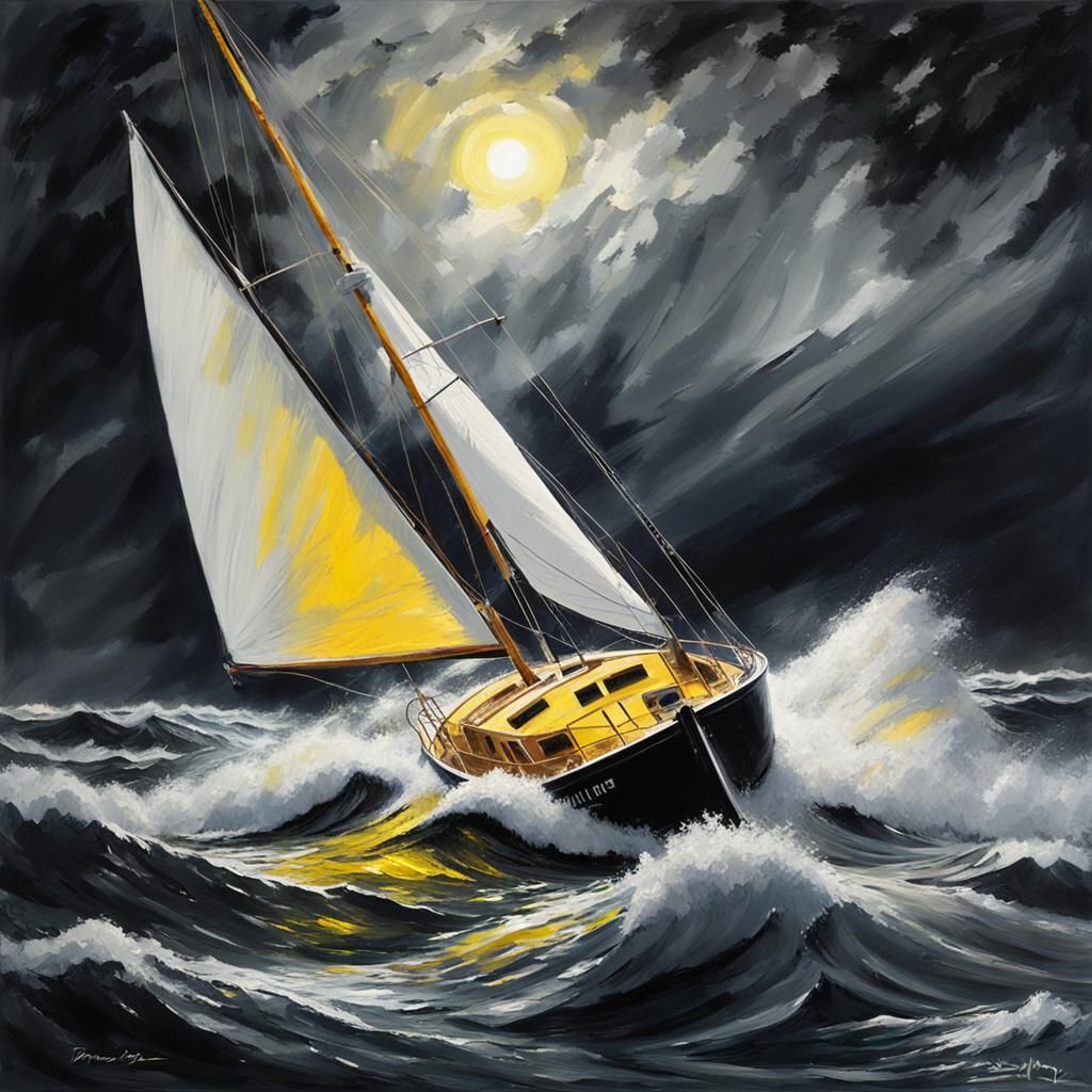 Yellow Sailboat in Stormy Black and White Night