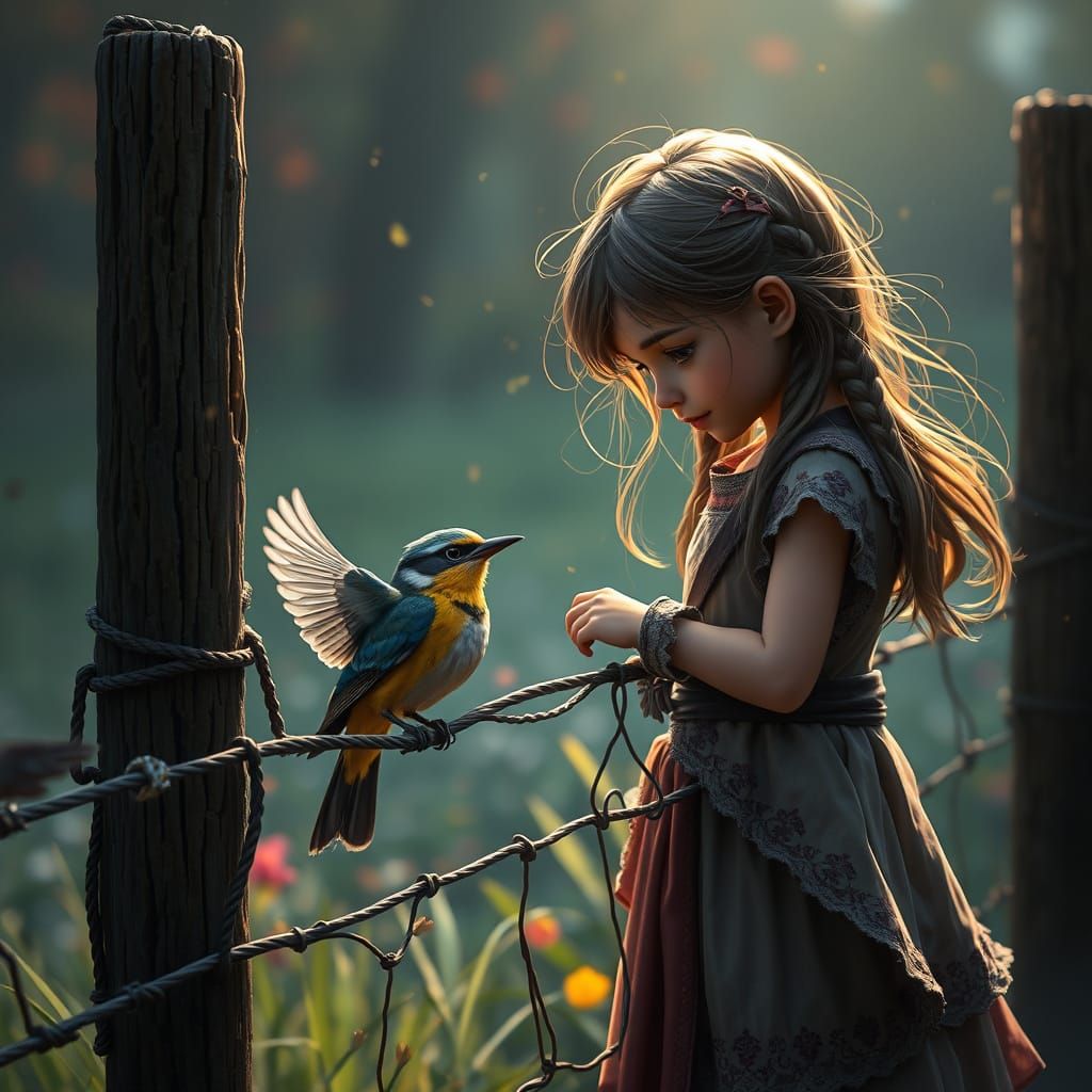 Kind Girl Frees Bird From Fence in Detailed Matte Painting