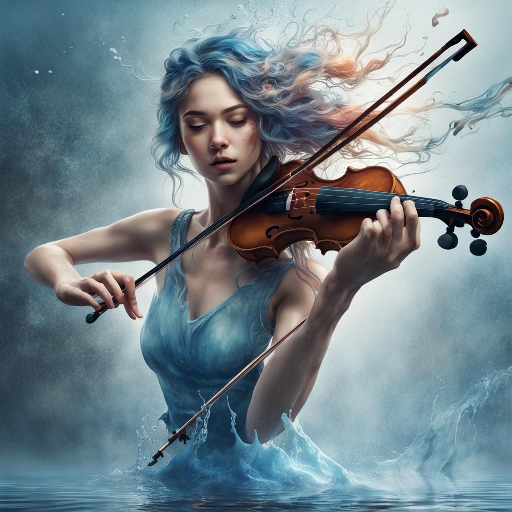 Girl Playing Violin with Watercolor Splash Art
