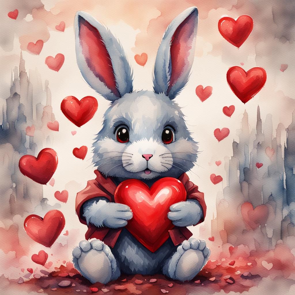 Watercolor Plush Rabbit with Heart: Fantasy Art