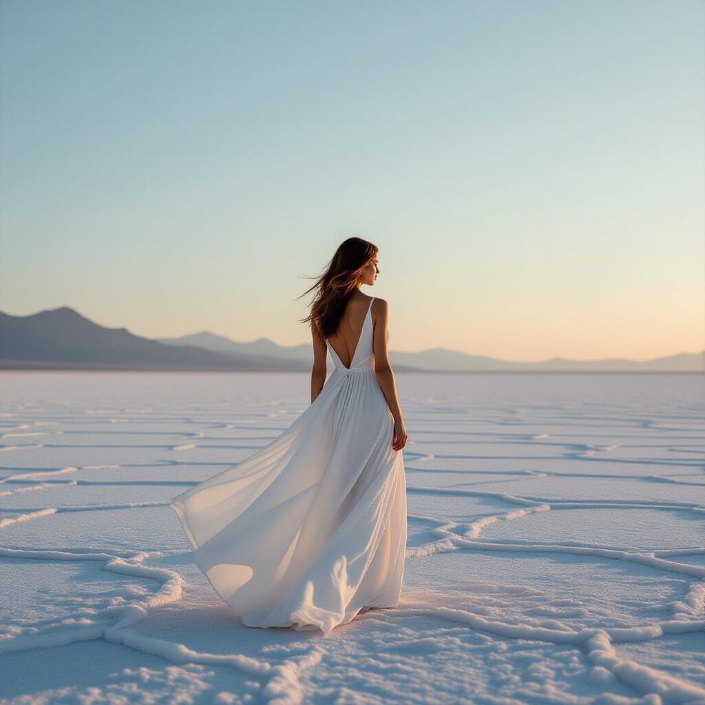 Woman in White Dress on Salt Flat at Dawn