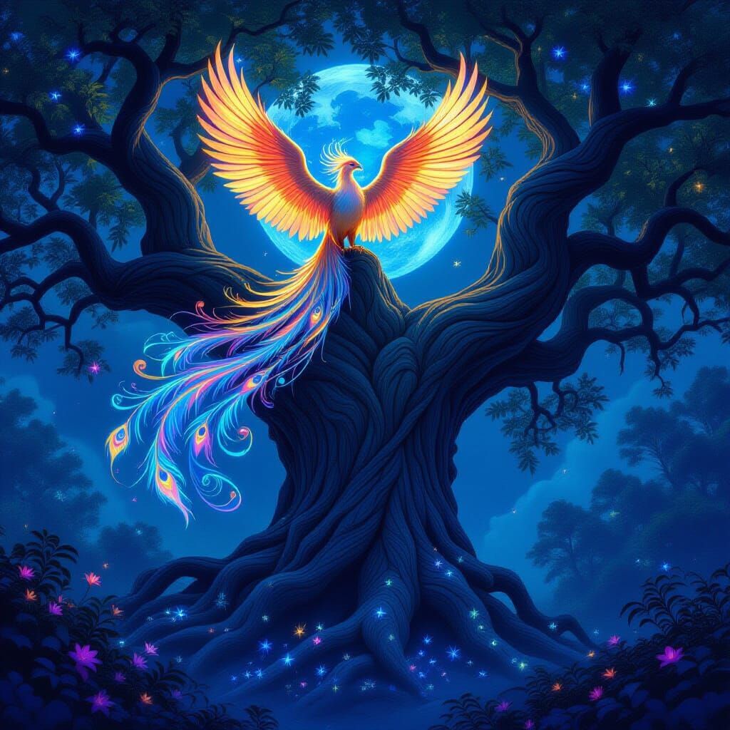 Majestic Phoenix on Ancient Tree in Mystical Forest