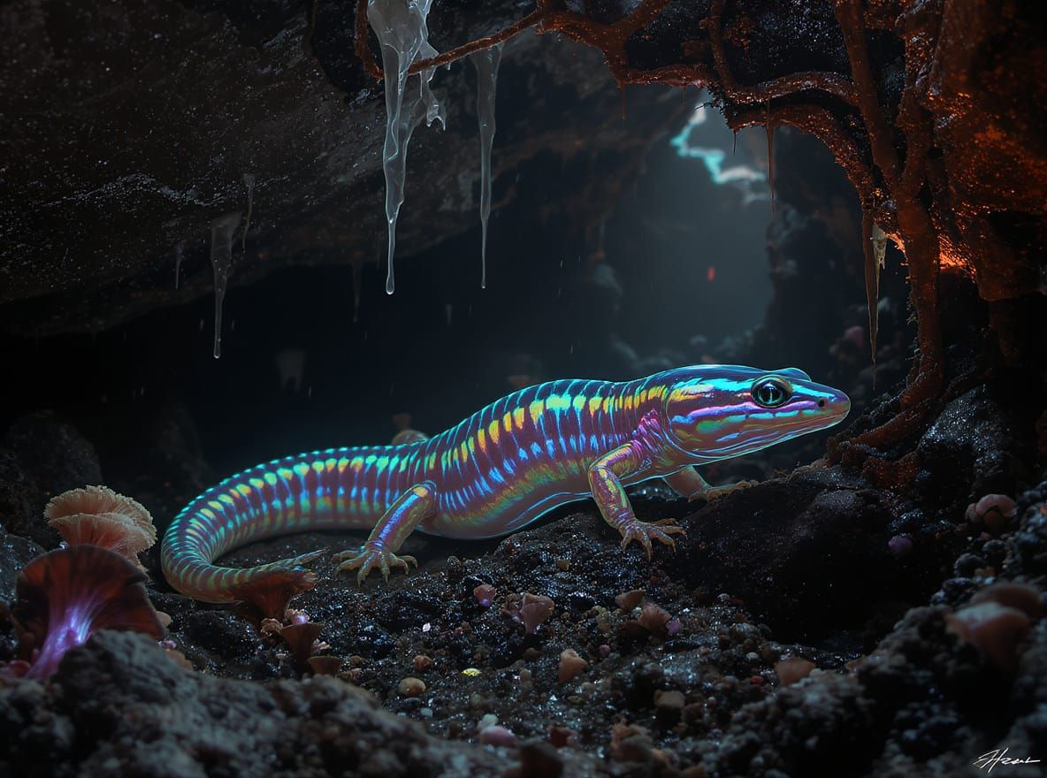 Iridescent Rainbow Salamander in Bioluminescent Habitat