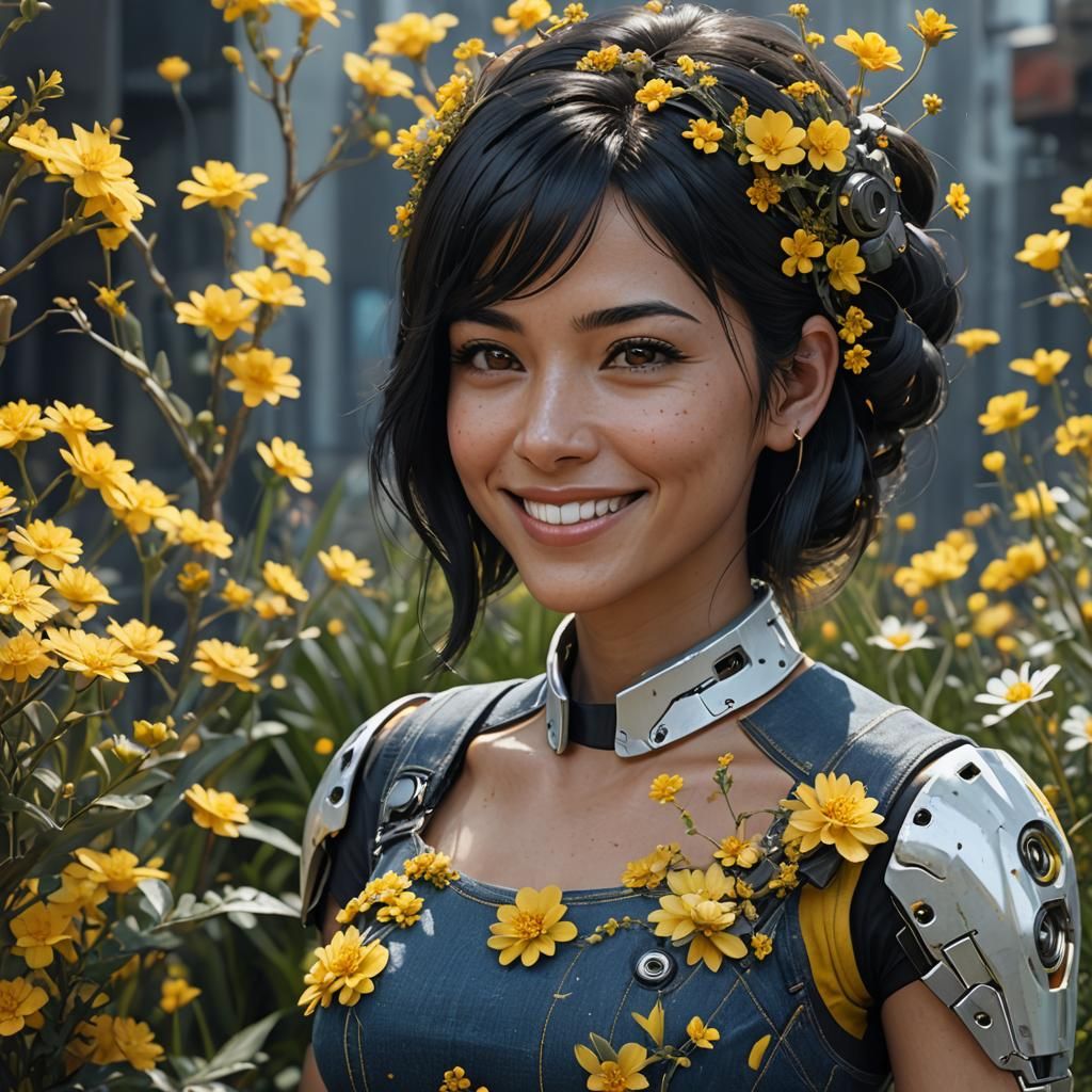 Girl with Flowers: Realistic Sci-Fi Portrait