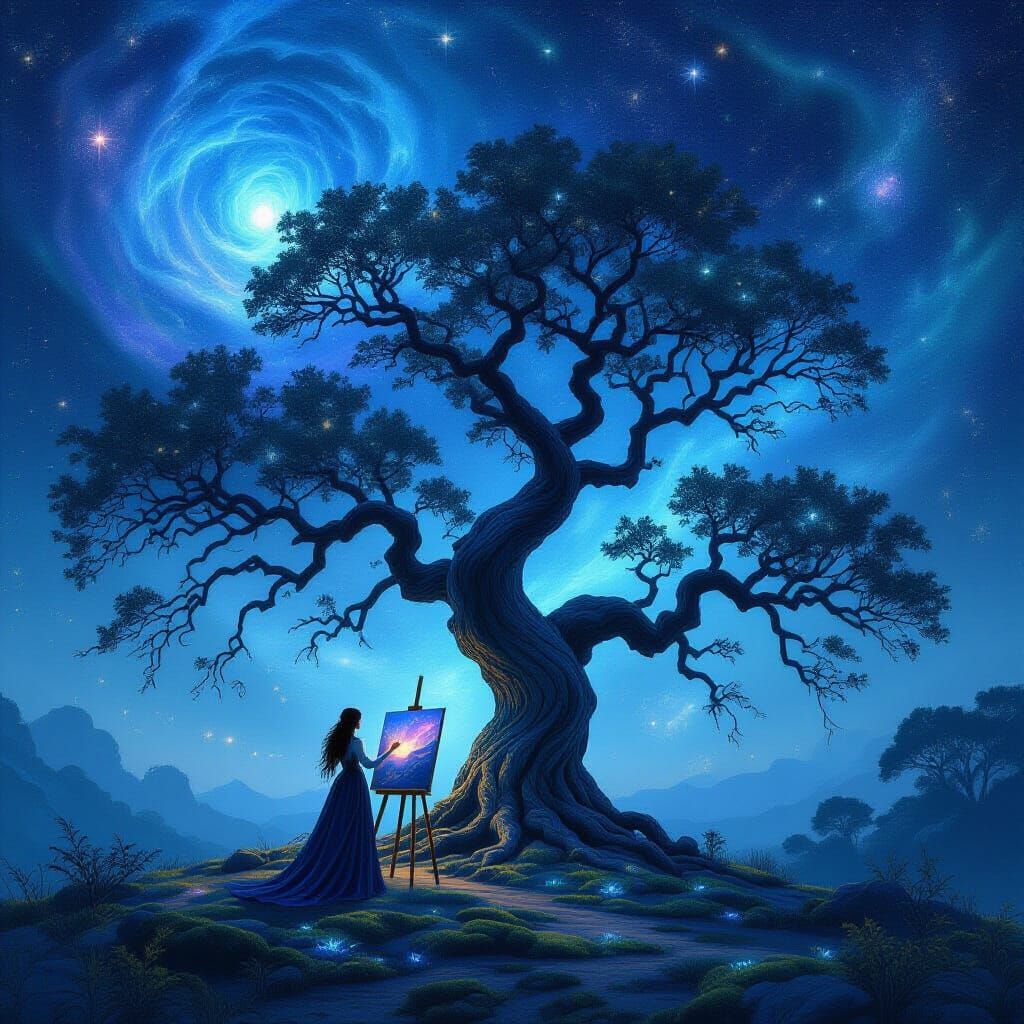 Mystical Artist Beside Ancient Oak Under Nebula Sky