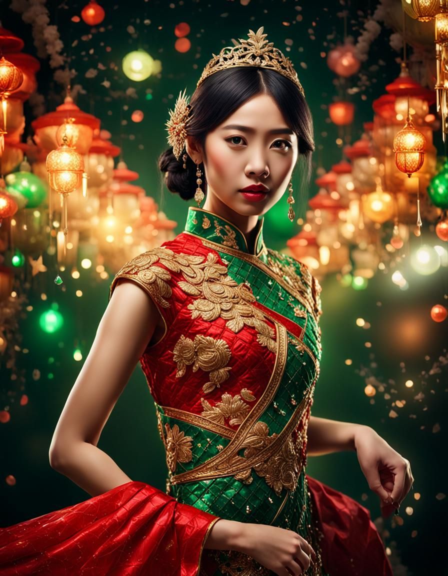 Hyperrealistic Asian Woman Portrait with Colorful Lights