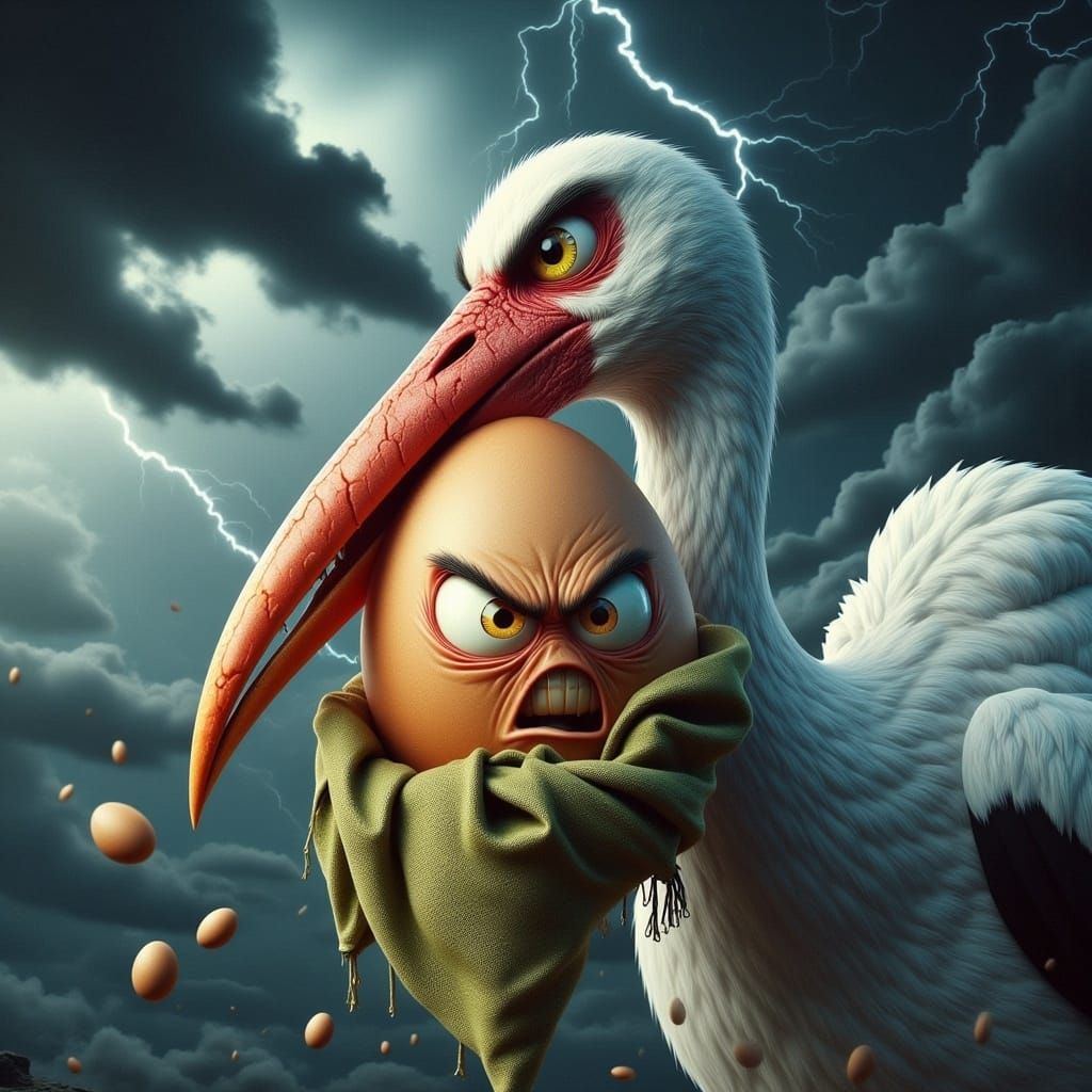 Stork Delivers Angry Egg in Dark Fantasy Style