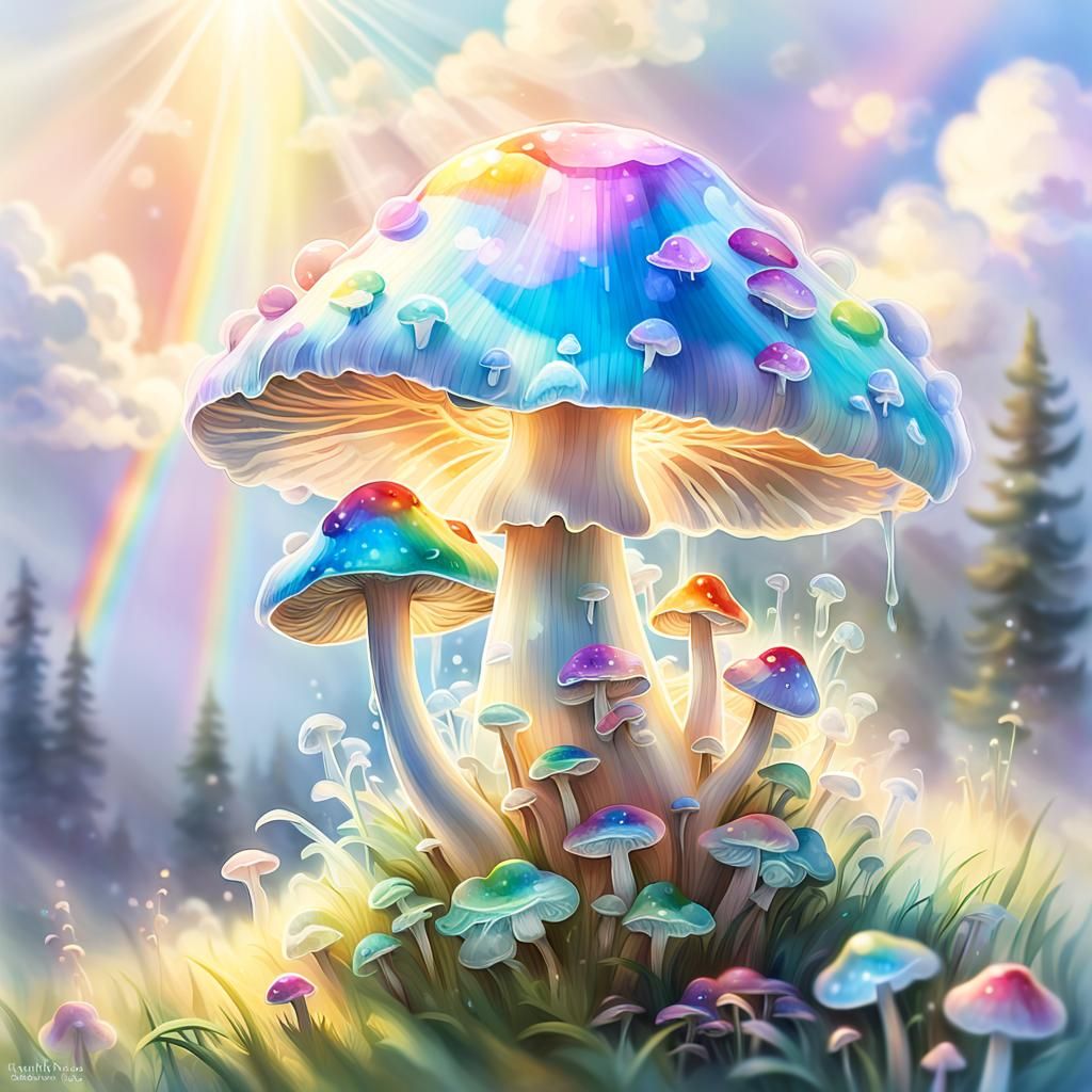 Iridescent Mushroom in Clouds: Watercolor Art