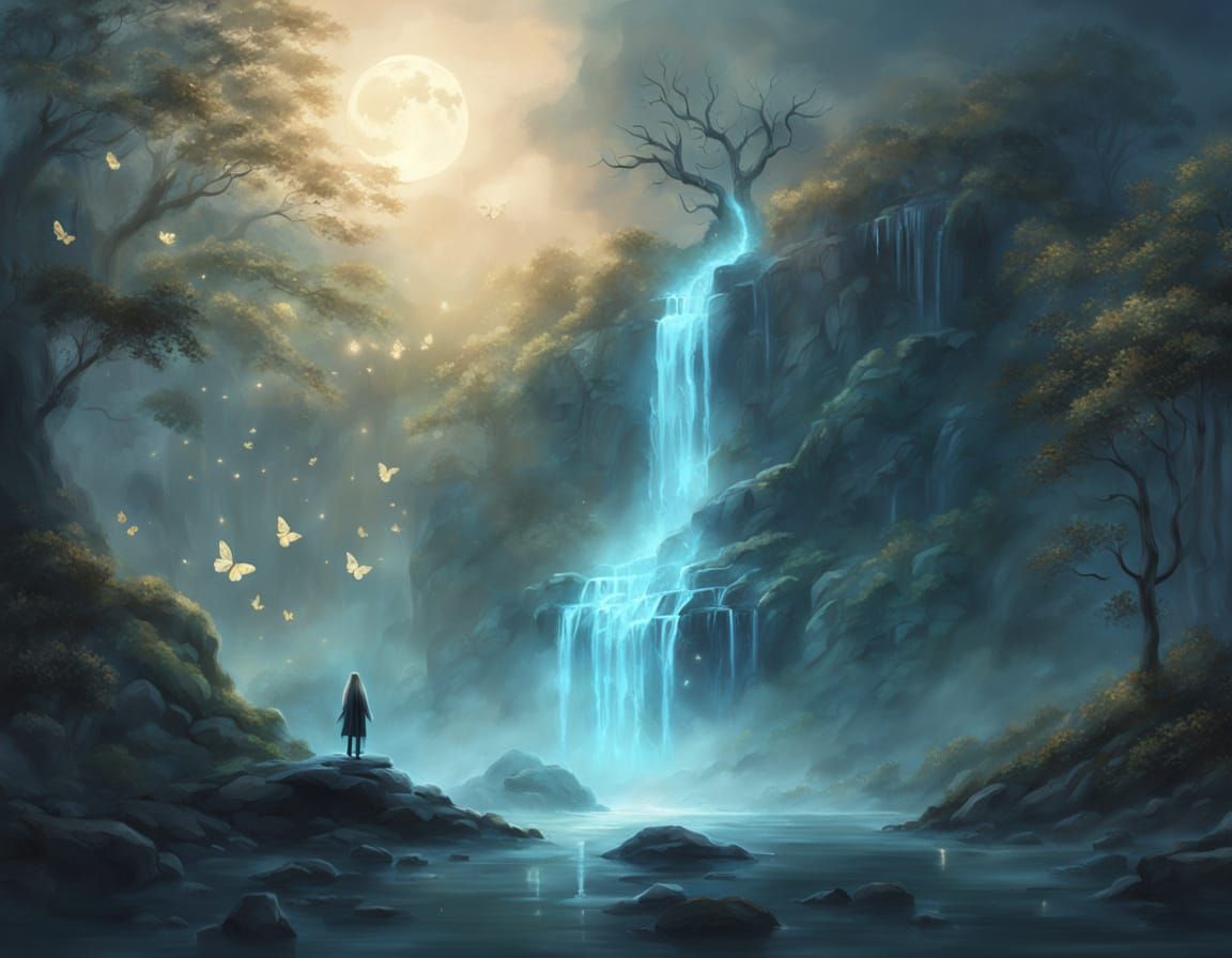 Ethereal Spirit at Moonlit Waterfall: Fantasy Concept Art